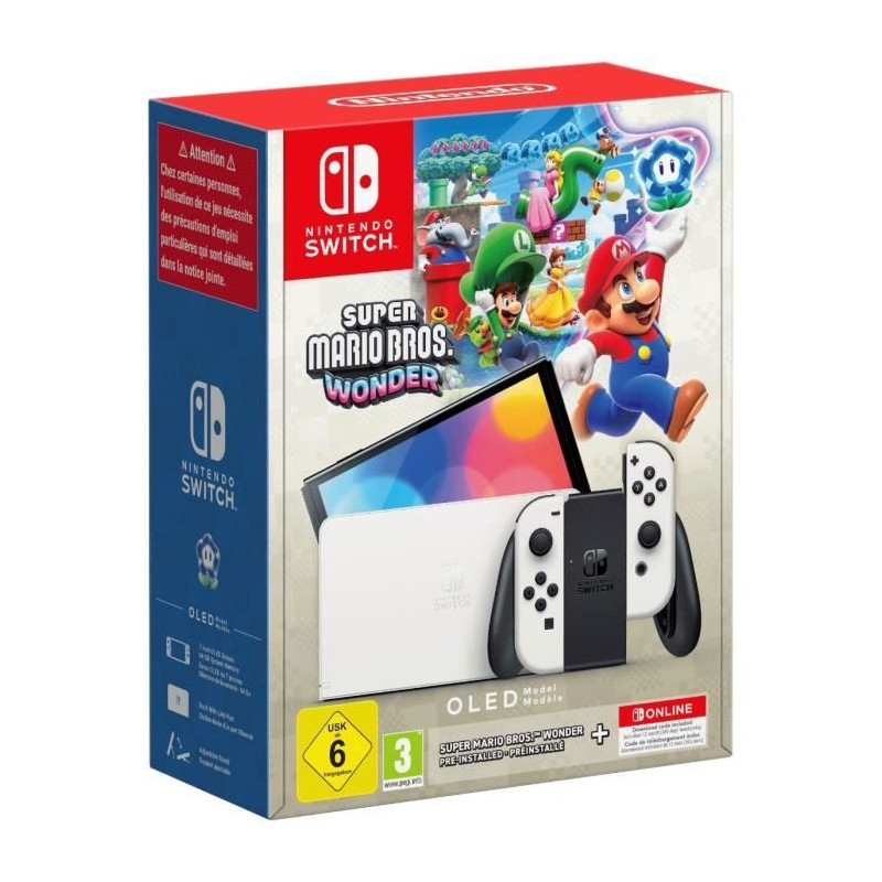 Console Nintendo Switch - Modele OLED • Blanc + Super Mario Bros. Wonder (Pré-installé) + 12 mois d'abonnement NSO (Code)