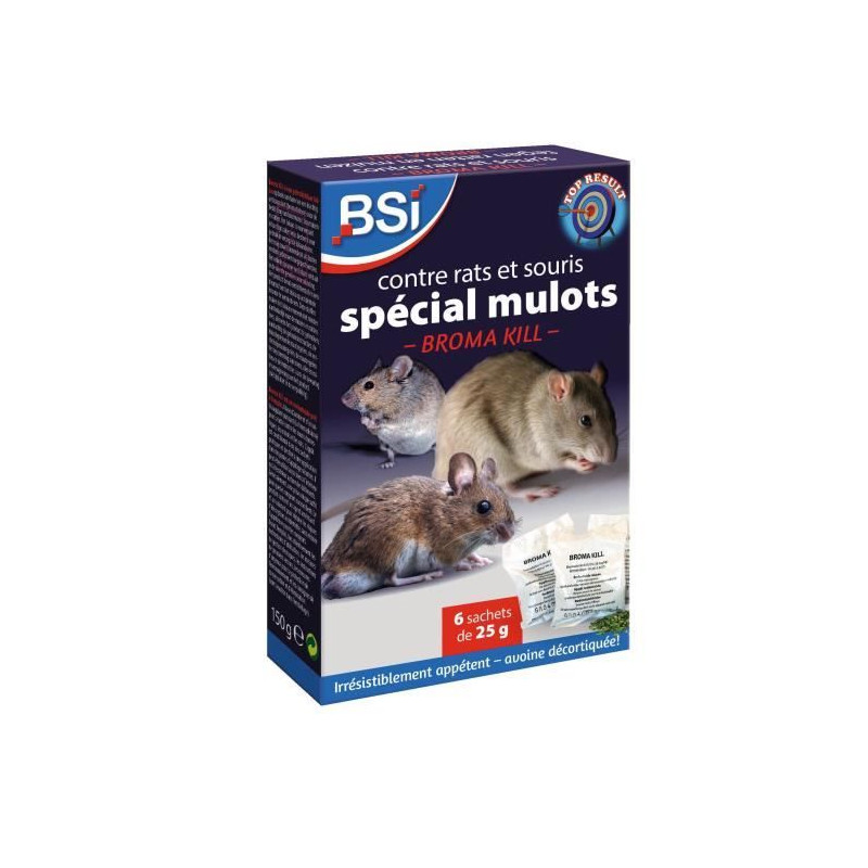 Anti-rats, souris et mulots 150g - BSI - Efficacité radicale - Avoine attrayante - 6 sachets céréales de 25g - Haute qualité