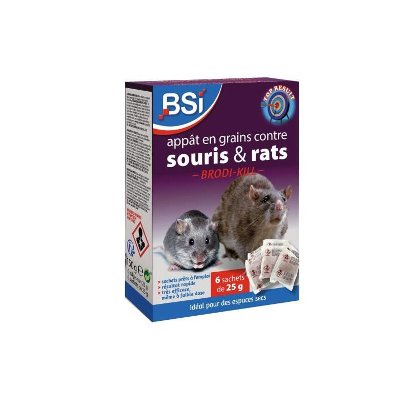 Anti-rats et souris 150g - BSI - Efficacité radicale - Brodi-Kill Grain - 6 sachets de blé de 25g - Derniere génération