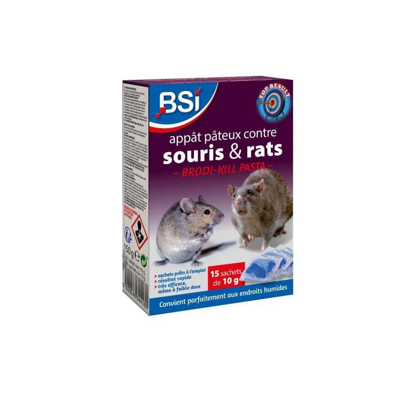 Anti-rats et souris 150g - BSI - Efficacité radicale - Brodi-Kill Pâte - 15 sachets de blé de 10g - Derniere génération