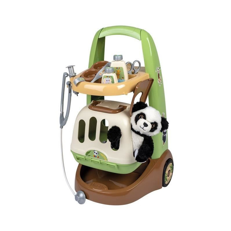 Smoby - Chariot Vétérinaire de Zoo - Peluche Panda - Nombreux accessoires inclus - Produit 2 en 1 : Cage de transport - Fabric