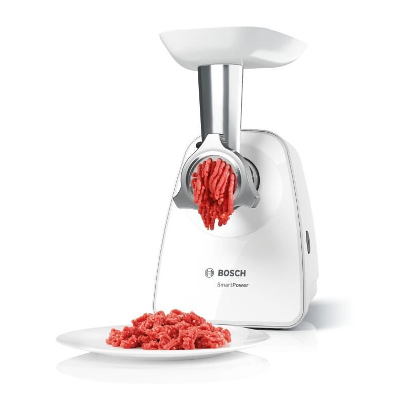 Hachoir a viande SmartPower - BOSCH - MFW2510W - 2 grilles de hachoir - Garnisseur de saucisses - Blanc