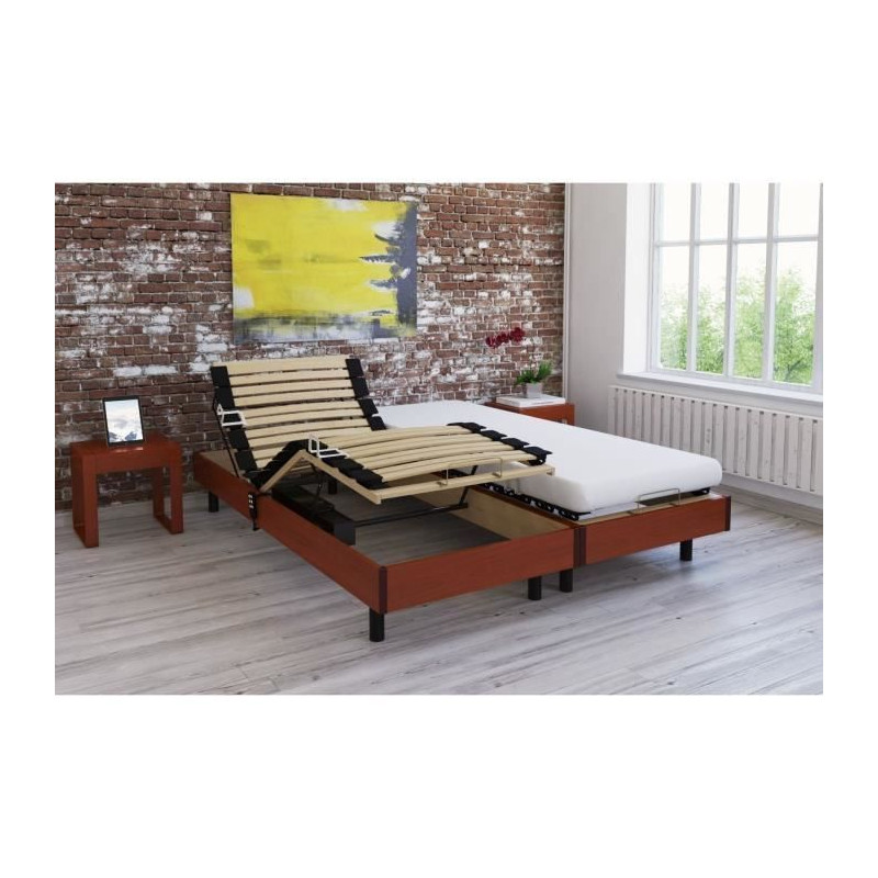 Ensemble relaxation matelas + sommiers electriques decor cerisier 2x80x200 - Mousse - 14 cm - Ferme - TALCA