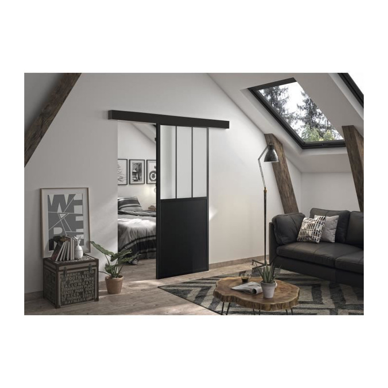 OPTIMUM Kit porte coulissante ATELIER noir + rail 2 amortisseurs + cache rail - 204 x 73 cm - verre depoli