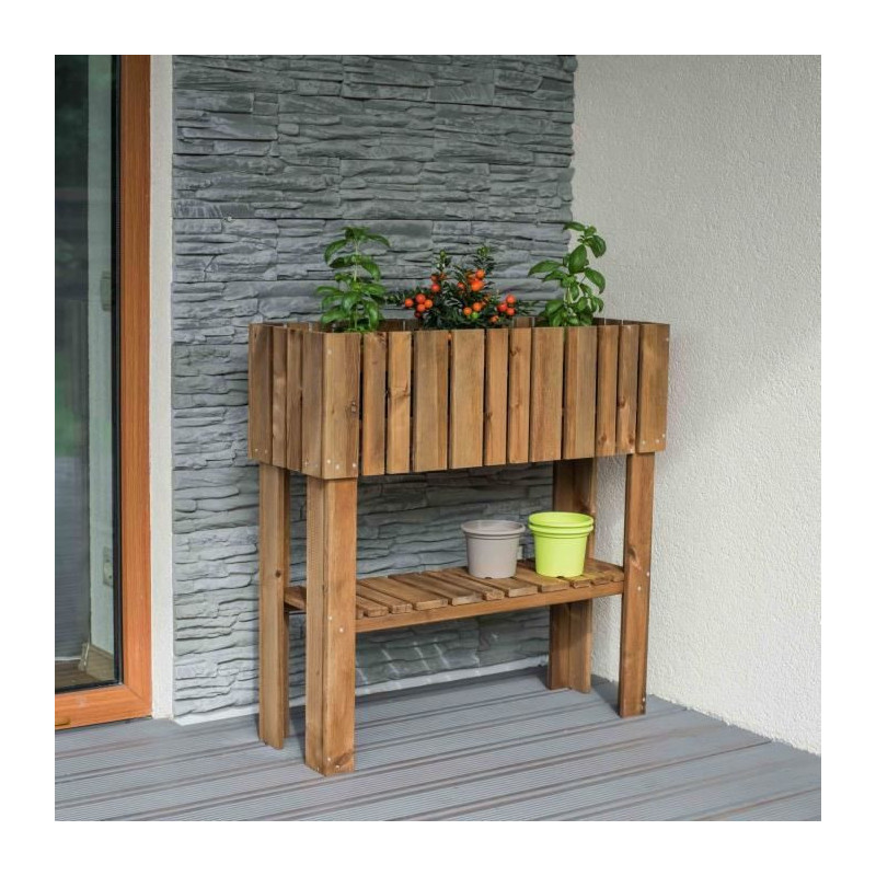 EKJU Carre potager sureleve avec etagere en pin FSC teinte brun - 39 L - 78 x 29 x 79 cm