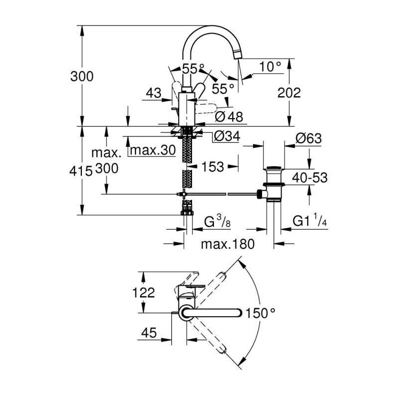 GROHE Mitigeur lavabo monocommande Eurostyle Cosmopolitan 23043003 - Bec tube pivotant - Limiteur de debit - Chrome - Taille L