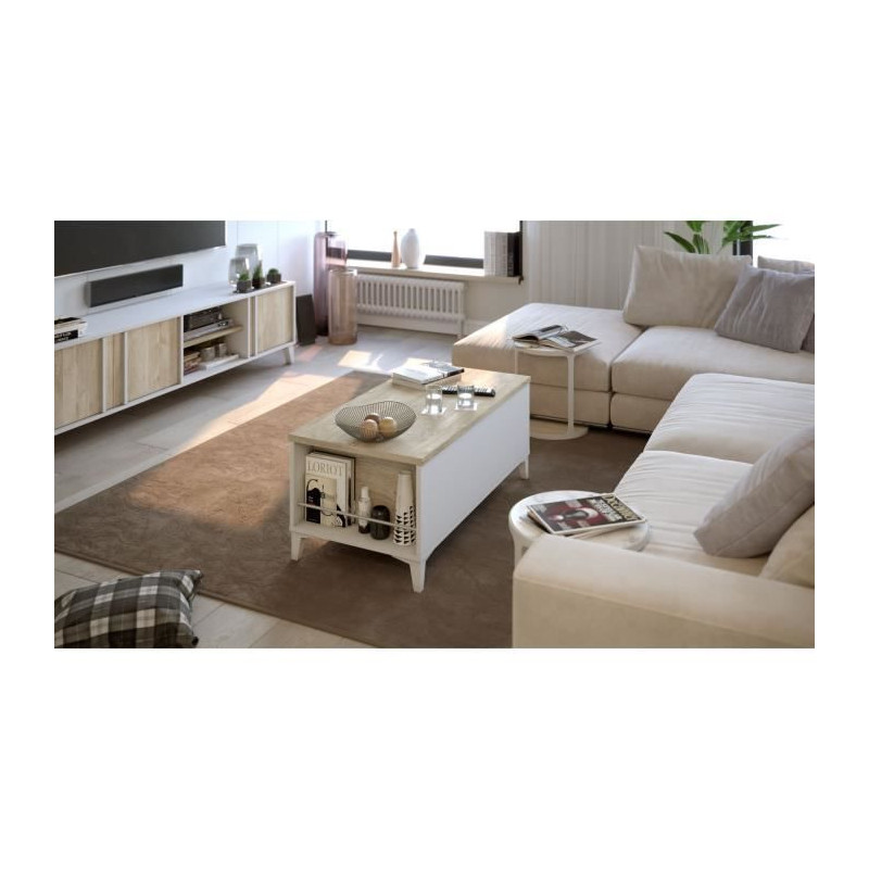 Table basse avec plateau relevable - Blanc/Chene - L 100 x P 50/72