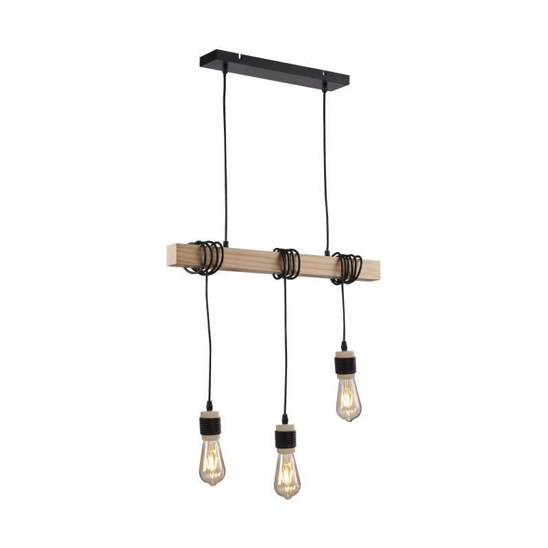 DETROIT Suspension industrielle 3 tetes en bois - 7 x 60 x H150 - Noir - Ampoules decoratives E27 40W fournies