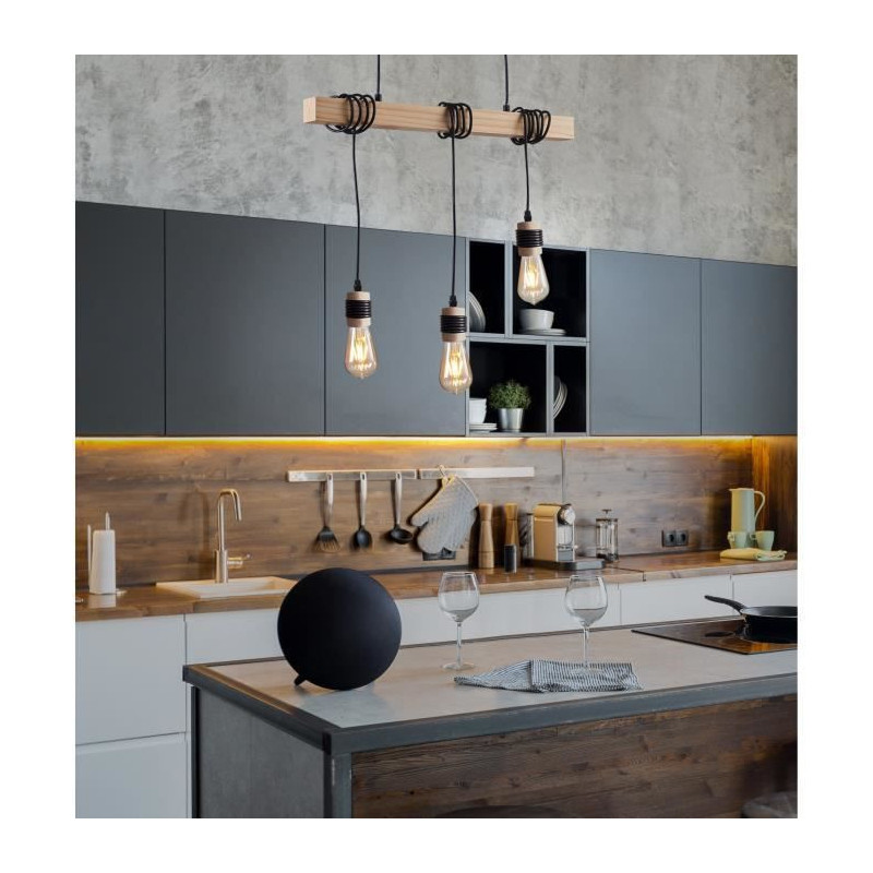 DETROIT Suspension industrielle 3 tetes en bois - 7 x 60 x H150 - Noir - Ampoules decoratives E27 40W fournies