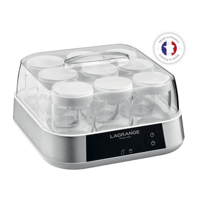 LAGRANGE 459002 - Yaourtiere Ligne + goupillon - 9 pots en verre - Programmable 15h - 18W - Ecran electronique - Arret automatiq