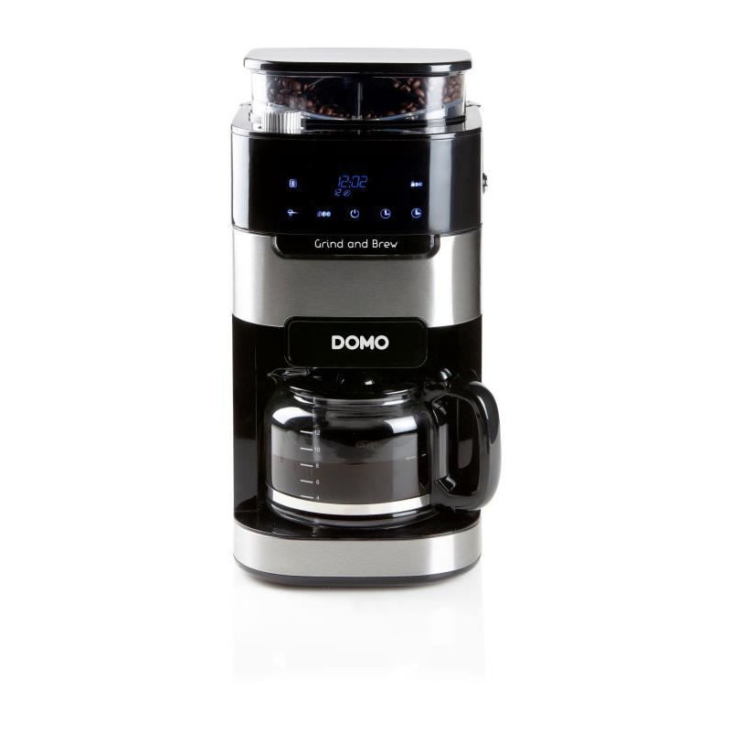 DOMO DO721K - Cafetiere 1,5L - 12 tasses - Ecran LCD, touches tactiles - Moulin a cafe integre - Minuteur - 3 intensites