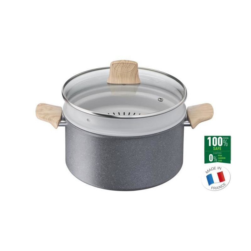 TEFAL G2669002 NATURAL FORCE Faitout 24 cm + panier vapeur + couvercle, revetement antiadhesif Mineralia+, tous feux dont induct