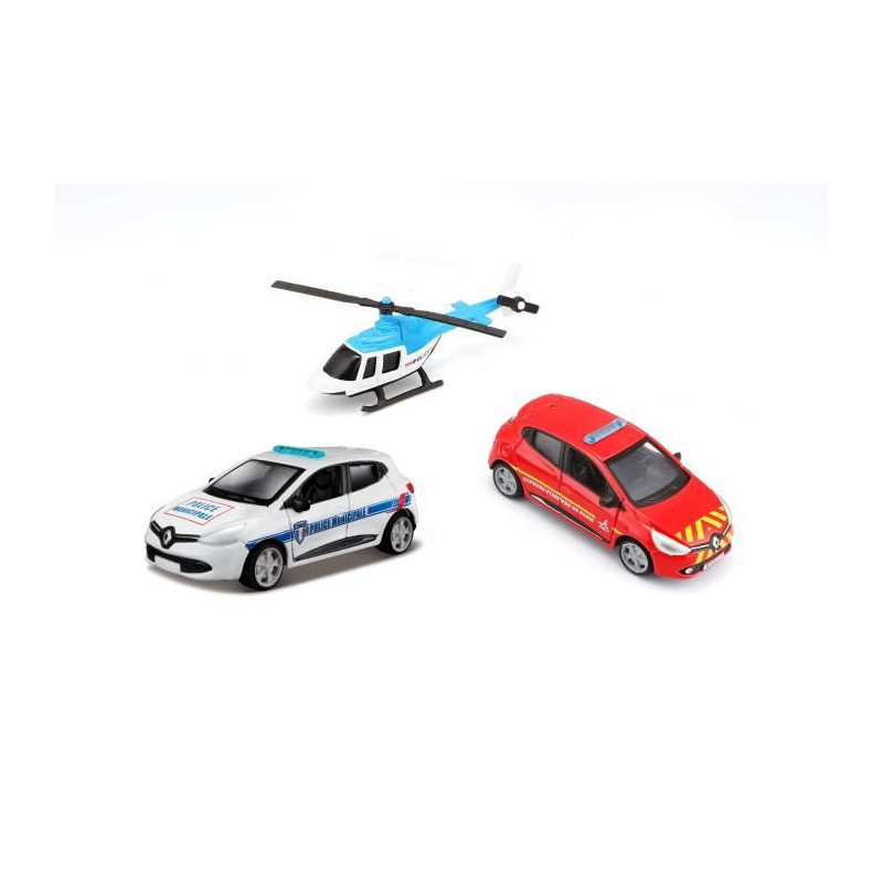 1/64 BBURAGO - Pack de 3 vehicules -  Helicoptere + Voiture Pompier + Voiture Police