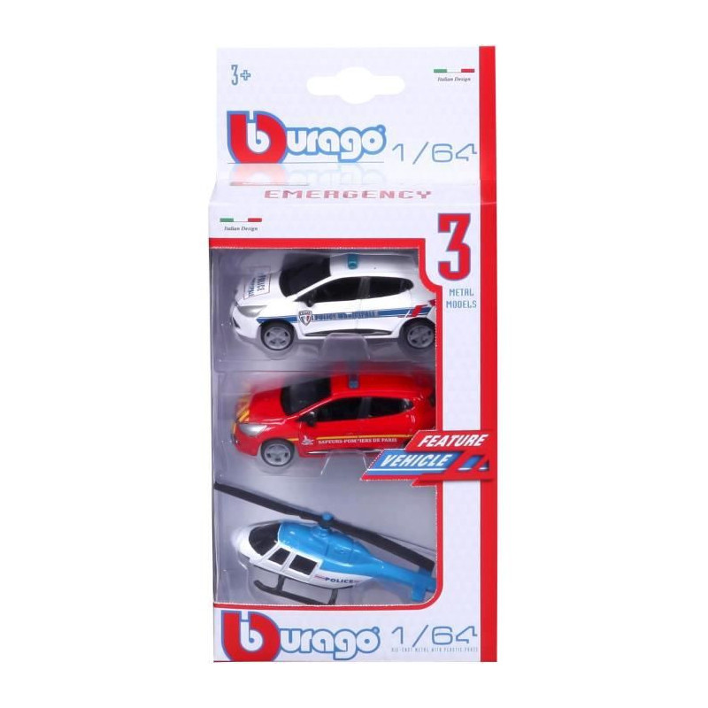 1/64 BBURAGO - Pack de 3 vehicules -  Helicoptere + Voiture Pompier + Voiture Police