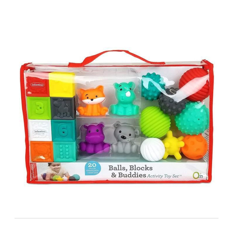 INFANTINO Senso Set de 8 balles souples, 8 cubes sensoriels et 4 animaux arroseurs