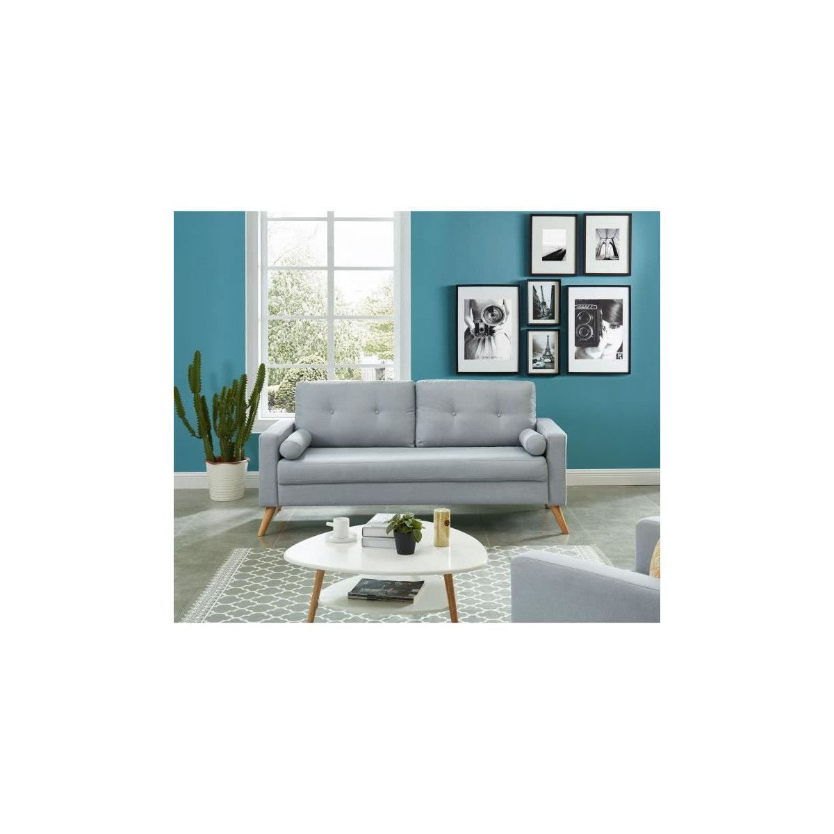 Ibra Canape Droit Fixe 3 Places Tissu Gris Clair Scandinave