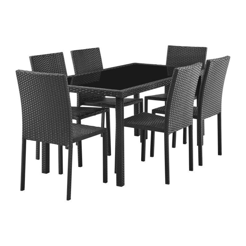 Ensemble repas de jardin - table en verre trempe et 6 chaises en resine tressee noir - Table 160x80x73 cm - Chaise : 44x54x88 cm