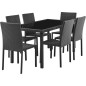 Ensemble repas de jardin - table en verre trempe et 6 chaises en resine tressee noir - Table 160x80x73 cm - Chaise : 44x54x88 cm