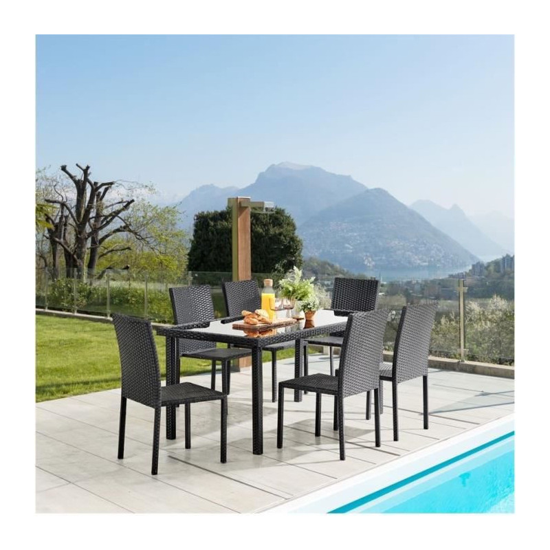 Ensemble repas de jardin - table en verre trempe et 6 chaises en resine tressee noir - Table 160x80x73 cm - Chaise : 44x54x88 cm