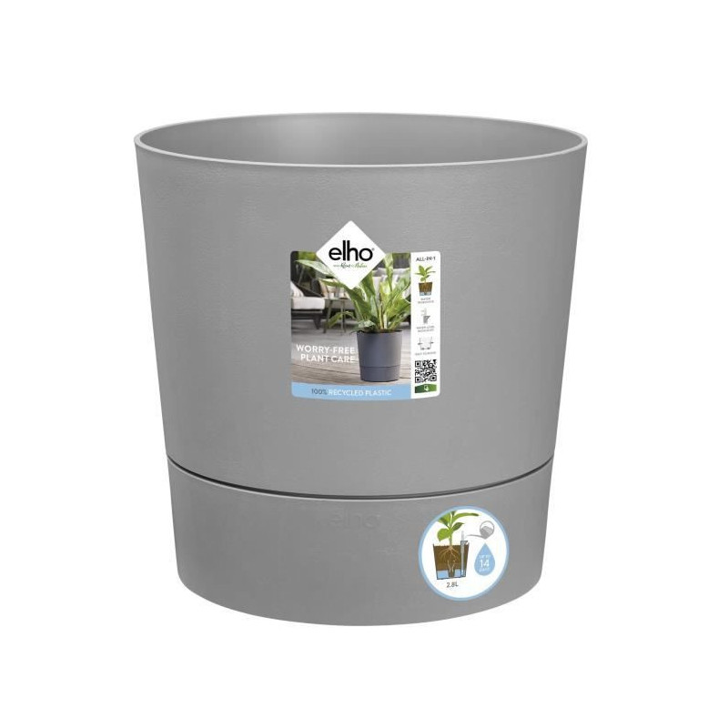 ELHO - Pot de fleurs -  Greensense Aqua Care Rond 30 - Ciment Clair - Interieur/exterieur - O 29.5 x H 29.1 cm