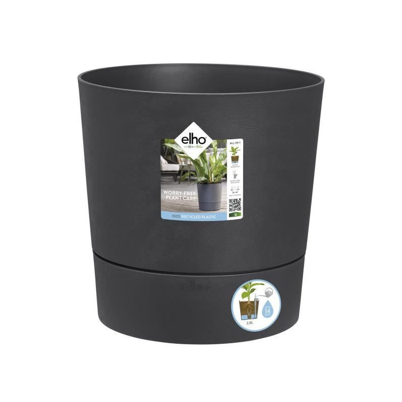 ELHO - Pot de fleurs -  Greensense Aqua Care Rond 30 - Gris Charbon - Interieur/exterieur - O 29.5 x H 29.1 cm