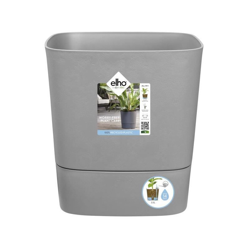 ELHO - Pot de fleurs  -  Greensense Aqua Care Carre 30 - Ciment Clair - Interieur/exterieur - O 29.5 x H 30.2 cm