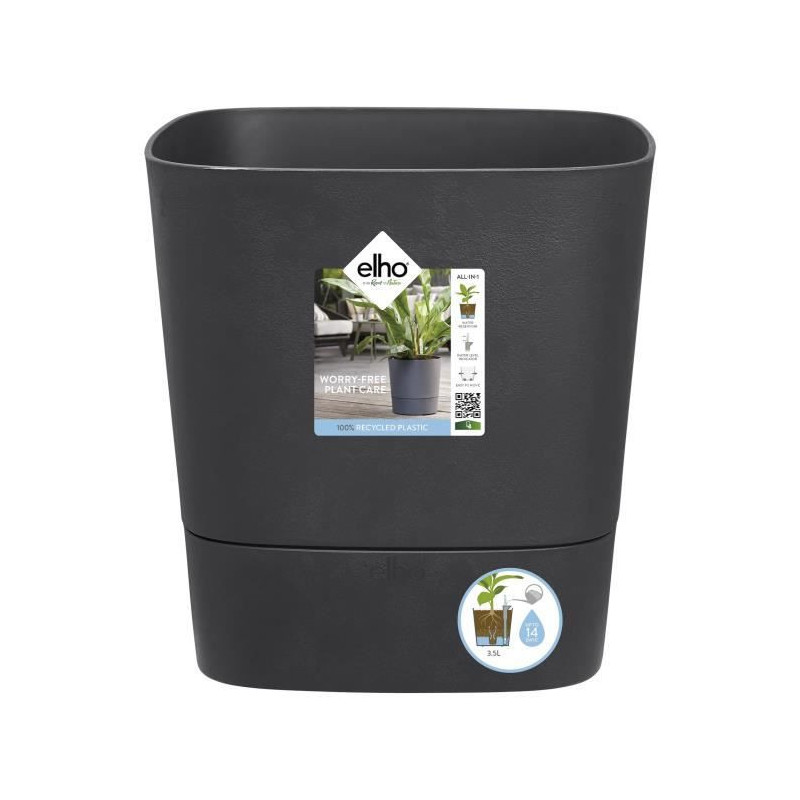 ELHO - Pot de fleurs  -  Greensense Aqua Care Carre 30 - Gris Charbon - Interieur/exterieur - O 29.5 x H 30.2 cm