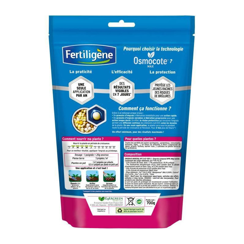 FERTILIGeNE - Engrais Longue duree Osmocote max Rosiers et Arbustes a fleurs 700g