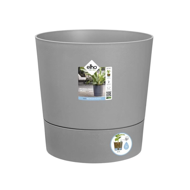 ELHO - Pot de fleurs -  Greensense Aqua Care Rond 35 - Ciment Clair - Interieur/exterieur - O 34.5 x H 34.1 cm