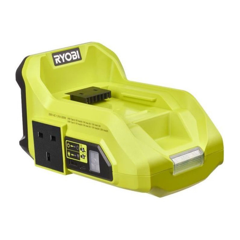 RYOBI MAX POWER Transformateur sans fil 36V : 300 W-500 W - 3 ports: 1 electrique EU + 1 USB-A + 1 USB-C - Lampe LED - Sans batt