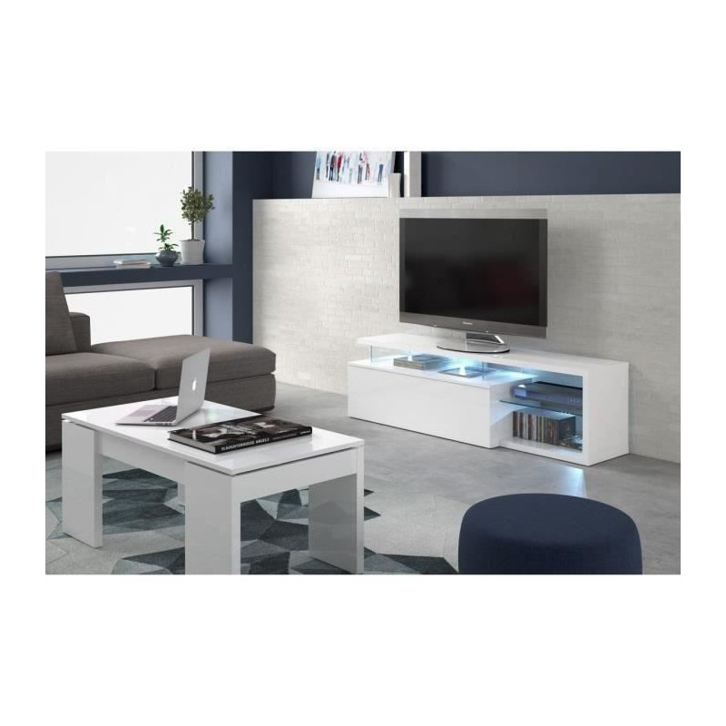 LEDD Meuble TV avec LED contemporain blanc et tablettes en verre - L 150 cm