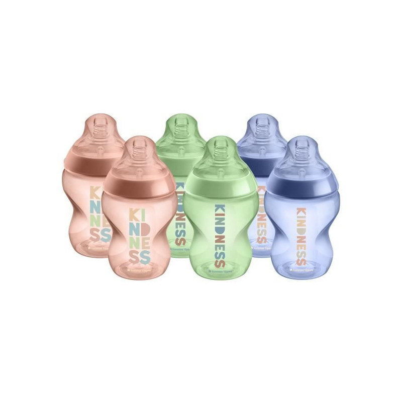 TOMMEE TIPPEE - Lot de 6 biberons Closer to Nature - Tetine valve Anti-Colique - 260ml - Multicolore