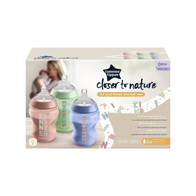 TOMMEE TIPPEE - Lot de 6 biberons Closer to Nature - Tetine valve Anti-Colique - 260ml - Multicolore