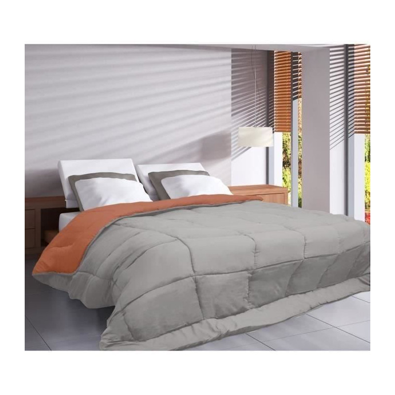 POYET MOTTE Couette Microfibre 400g/m2 CALGARY - 140 x 200 cm - Gris galet et Marron gimgembre