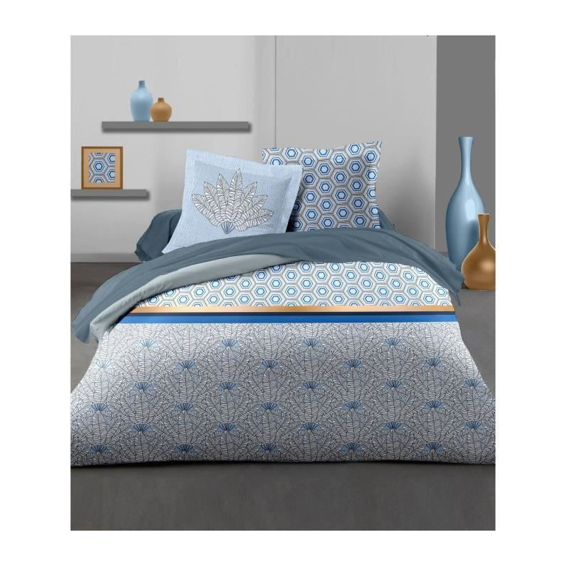 HOME LINGE PASSION Parure de couette Louxor - 1 housse de couette 220 x 240 cm + 2 taies 65 x 65 cm - Bleu et blanc