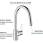 GROHE Robinet de cuisine évier Get, robinet avec douchette extractible, bec en forme de U, inverseur 2 jets, Supersteel, 314840