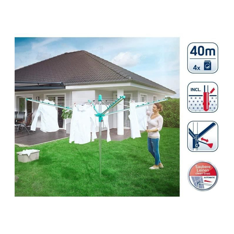 Leifheit 85285 Séchoir jardin parapluie Linomatic 400 Easy - 40 metres avec syteme Easy-Lift, rétractation automatique des fil