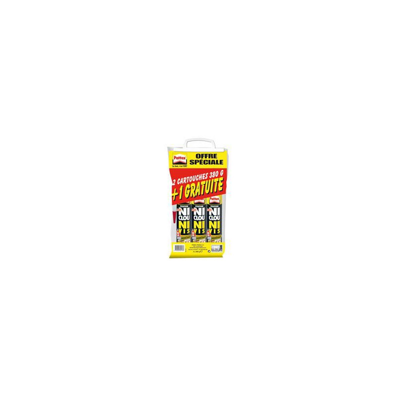 Colle de Fixation Ni Clou Ni Vis PATTEX - Extra Fort & Rapide - Cartouche 380g - Lot de 2 + 1 Gratuit