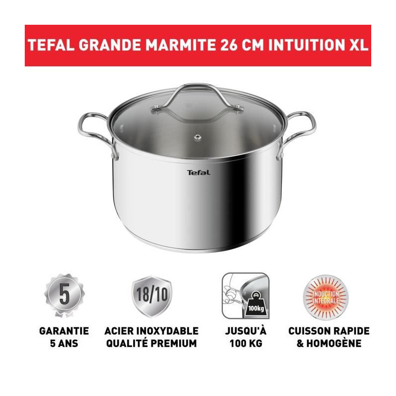 TEFAL B8646404 Marmite 26 cm inox, Tous feux dont induction, Garantie 5 ans, Poignées robustes, Couvercle verre, Intuition XL