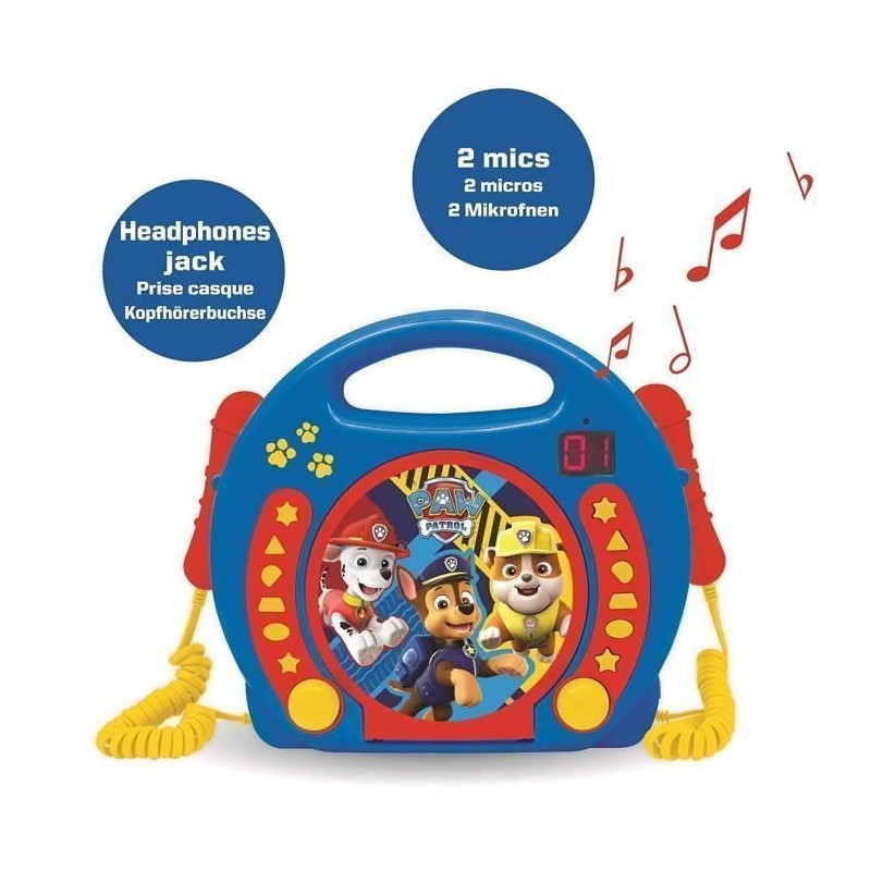 LEXIBOOK - PAT PATROUILLE - Lecteur CD Karaoke Enfant avec 2 microphones - Enfant - Garcon - A partir de 3 ans