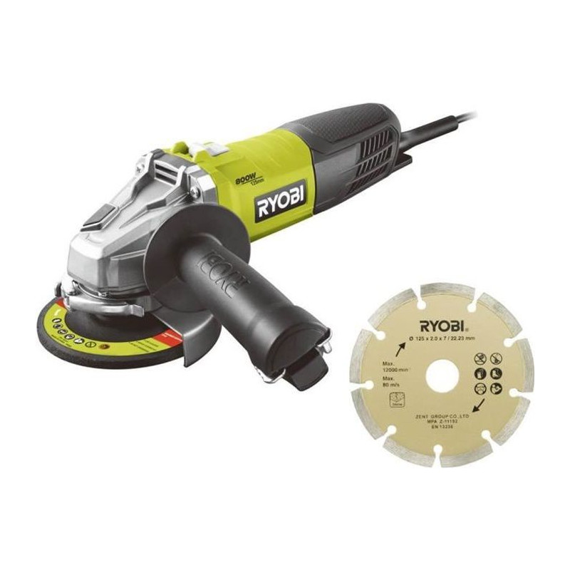 Meuleuse d'angle RYOBI 800W 125mm - 1 disque diamant RAG800-125SD1