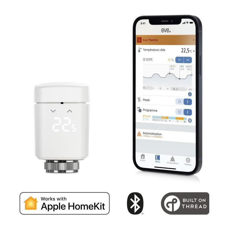 Vanne de radiateur intelligente EVE THERMO - Technologie Apple HomeKit et programmes autonomes Bluetooth Thread