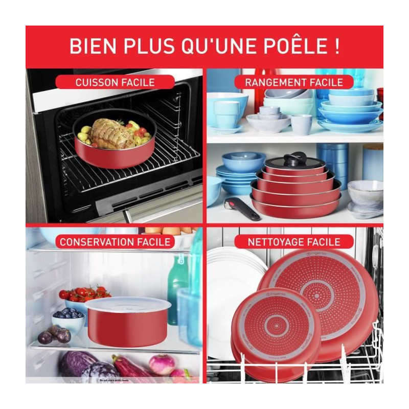 Batterie de cuisine TEFAL 20 pièces Poêles, Casseroles, Antiadhésif Ingenio  Easy Cook N Clean rouge Non induction L1529102