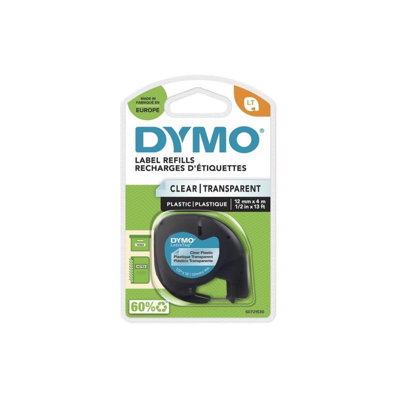 DYMO LetraTag rubans Plastique 12mm x 4m Noir Transparent (compatible avec DYMO LetraTag LT100H)