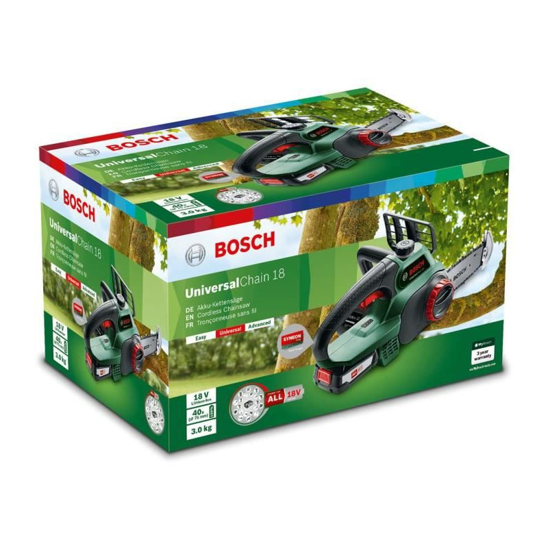 BOSCH Tronçonneuse sans fil - UniversalChain 18 (LIvré avec : 1 batterie 18V 2,5Ah)