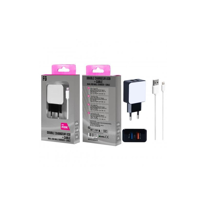 Chargeur Dual USB 2 ports Freaks And Geeks Blanc et Noir + Câble pour iPhone 5 6 7 8 X