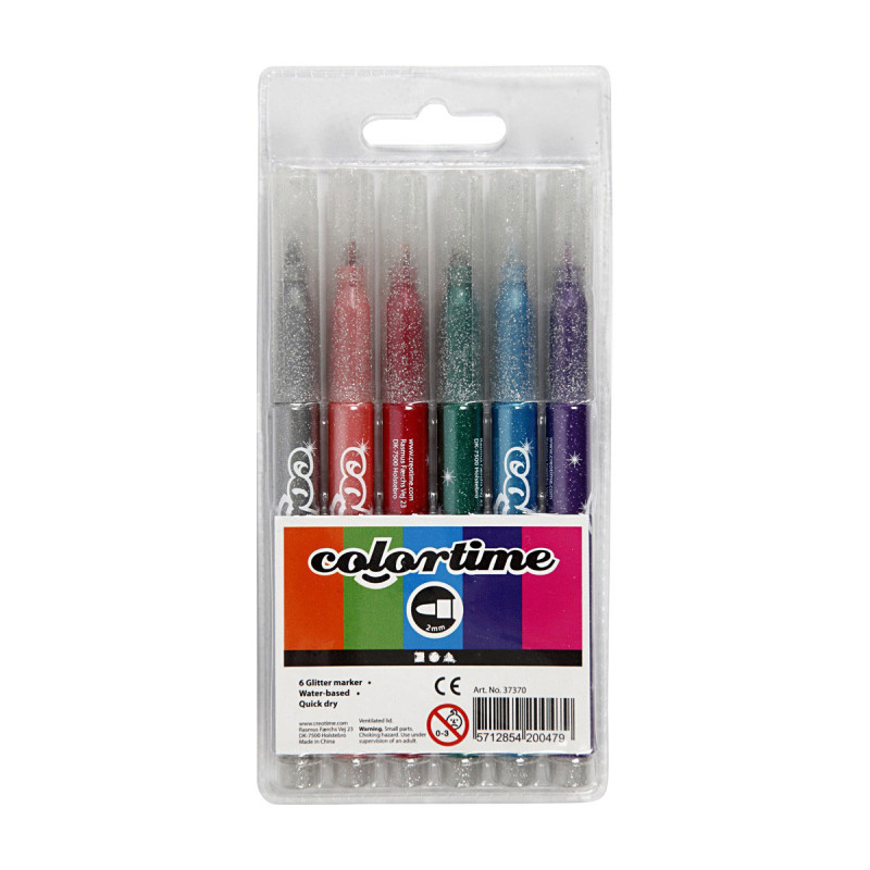 Colortime Glitter Marker, line 2 mm, assorted colours, 6 pc/ 1 pack