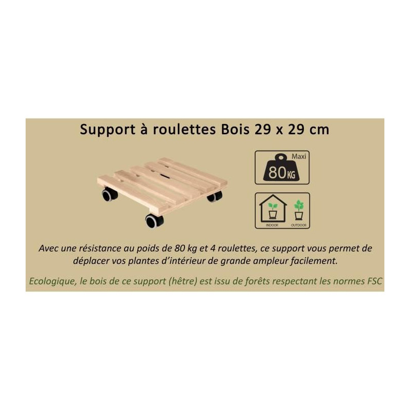 EDA Support a roulettes carré 29 x 29 cm en Bois - 4 roulettes - 29 x 29 x H.8 cm