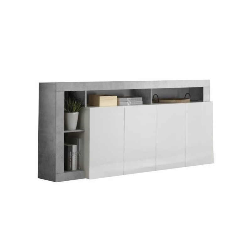 Buffet MAESTRO - Décor béton et blanc laqué brillant - 4 portes - L 184 x P 42 x H 93 cm