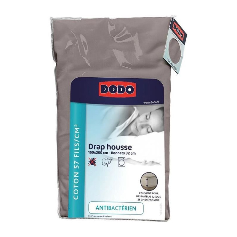 DRAP HOUSSE DODO - ANTIBACTERIENS - TAUPE - 160X2000 cm - Bonnet 32 cm